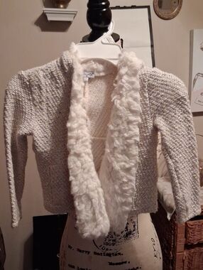 Splendid Cream Knit Tweed Open-Front Cardigan with Faux-Fur Trim Girls Size 4T
